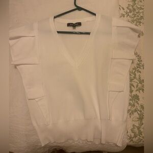 White V-Neck Sweater with Ruffle Sleeves